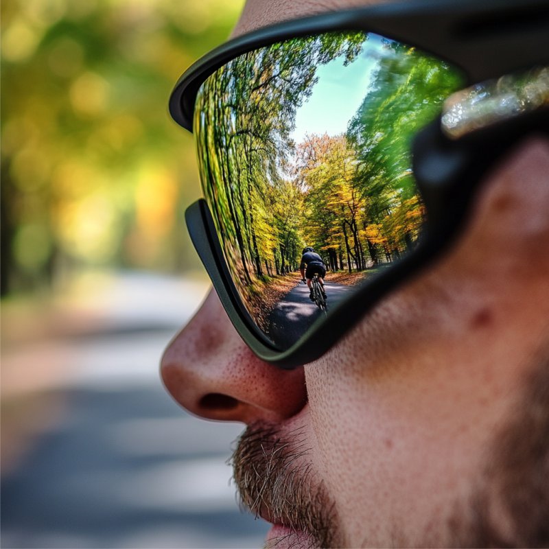 Ciclista com óculos refletindo pista