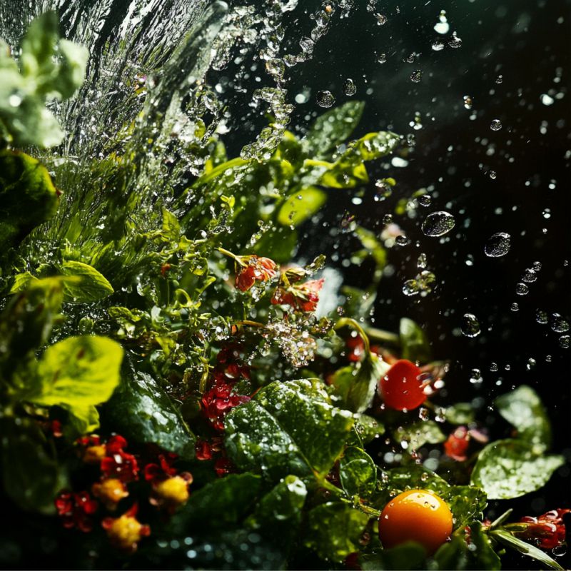 Vegetais verdes em um splash de água