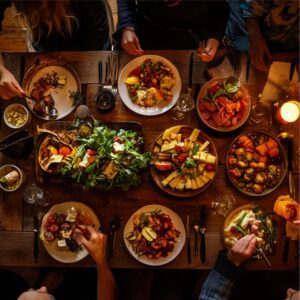 Top view de mesa e alimentos